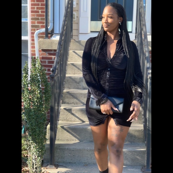 BLACK VELVET CORDUROY SHIRT MINI DRESS - Picture 6 of 7